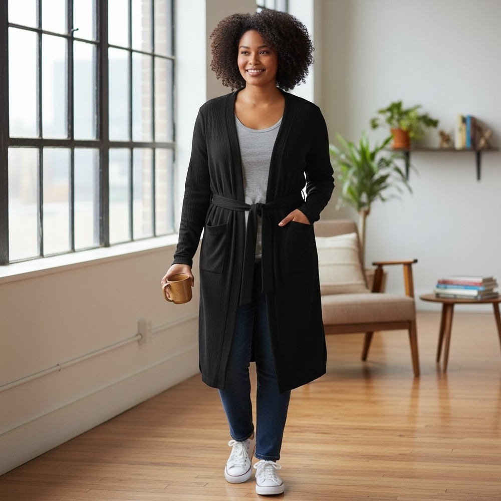 Bold Elements Cardigan Sweater 4X Black NWT Longline Tie Waist Duster Knit Plus